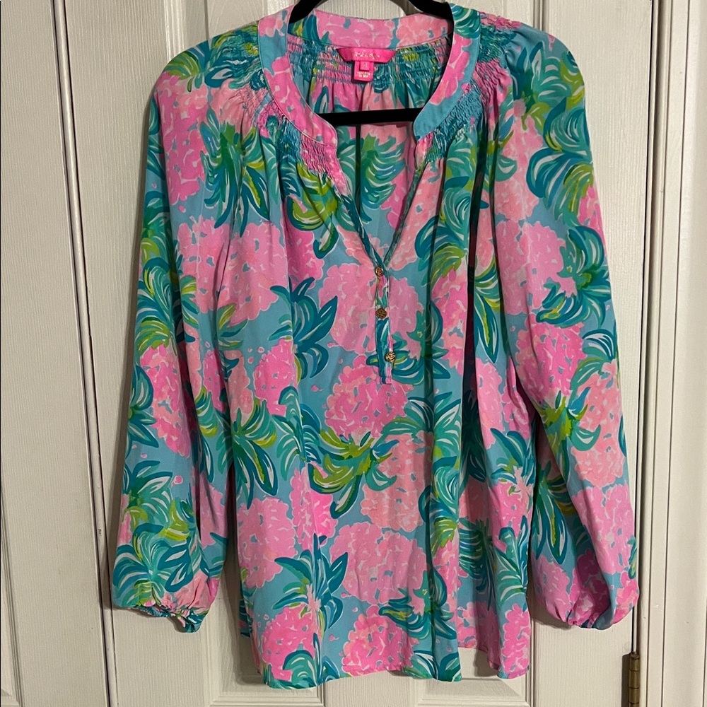 Lilly Pulitzer Vibrant Pink and Green Floral Blouse